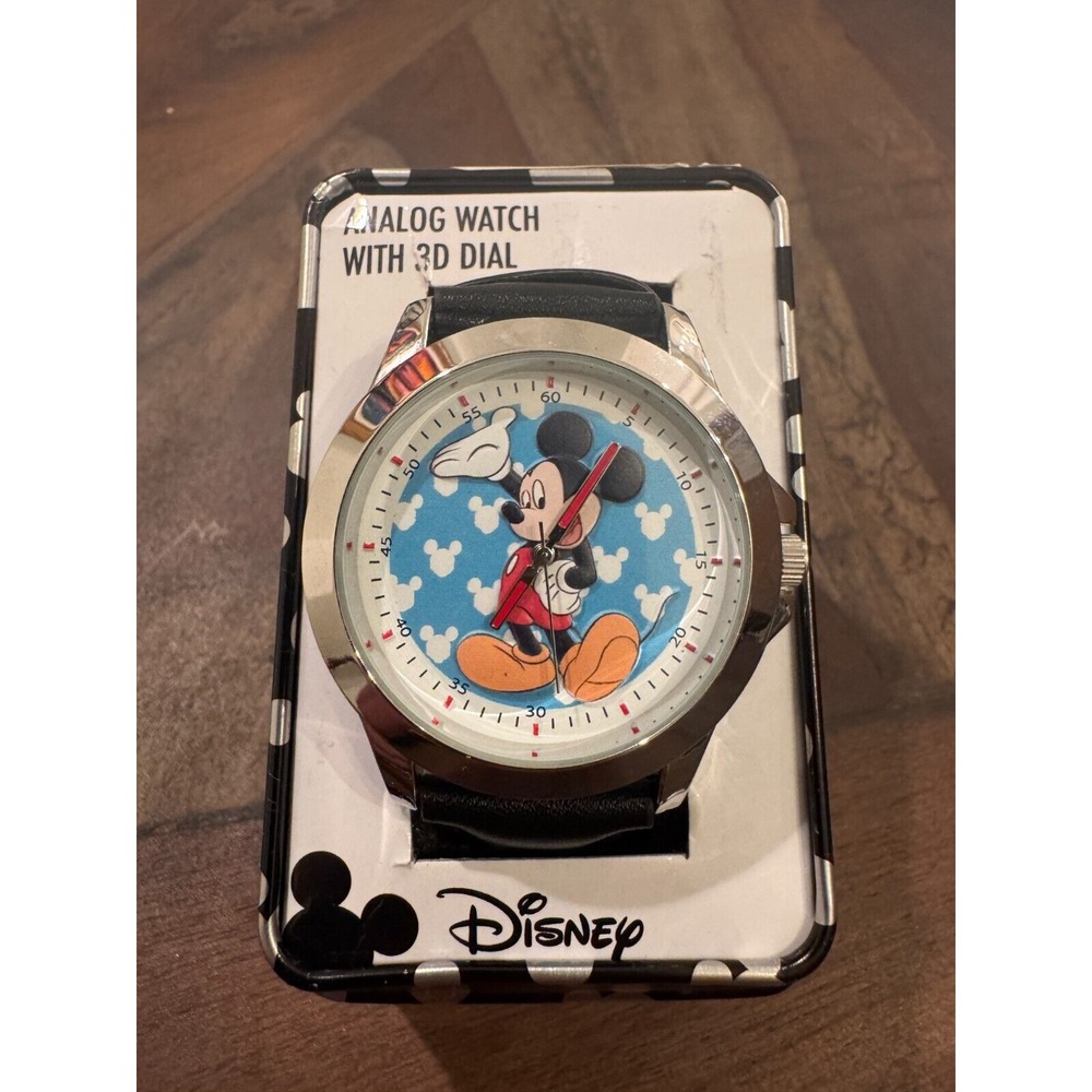 Disney Mickey Mouse Analog Watch 3D Dial Black Leather Band in Tin Box